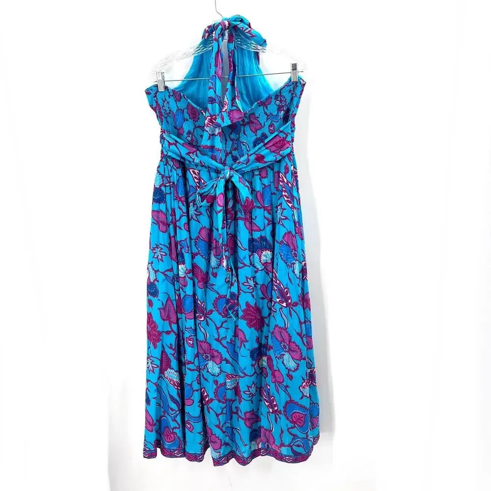 Caroline Constas Turquoise Floral Cotton Criss Cross Halter Maxi Dress Womens XL - Picture 4 of 8